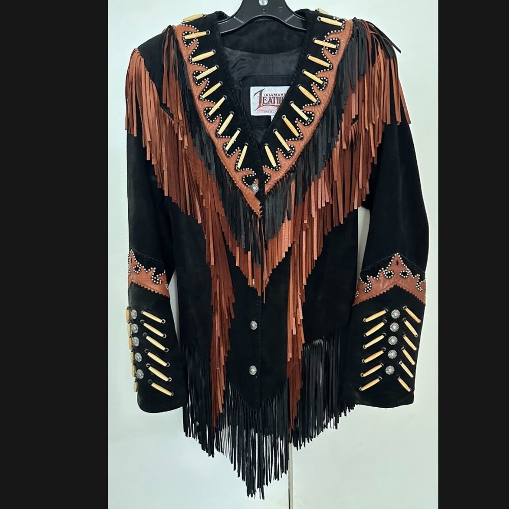 DIAMOND LEATHERS Black Brown with Fringe Western Jacket